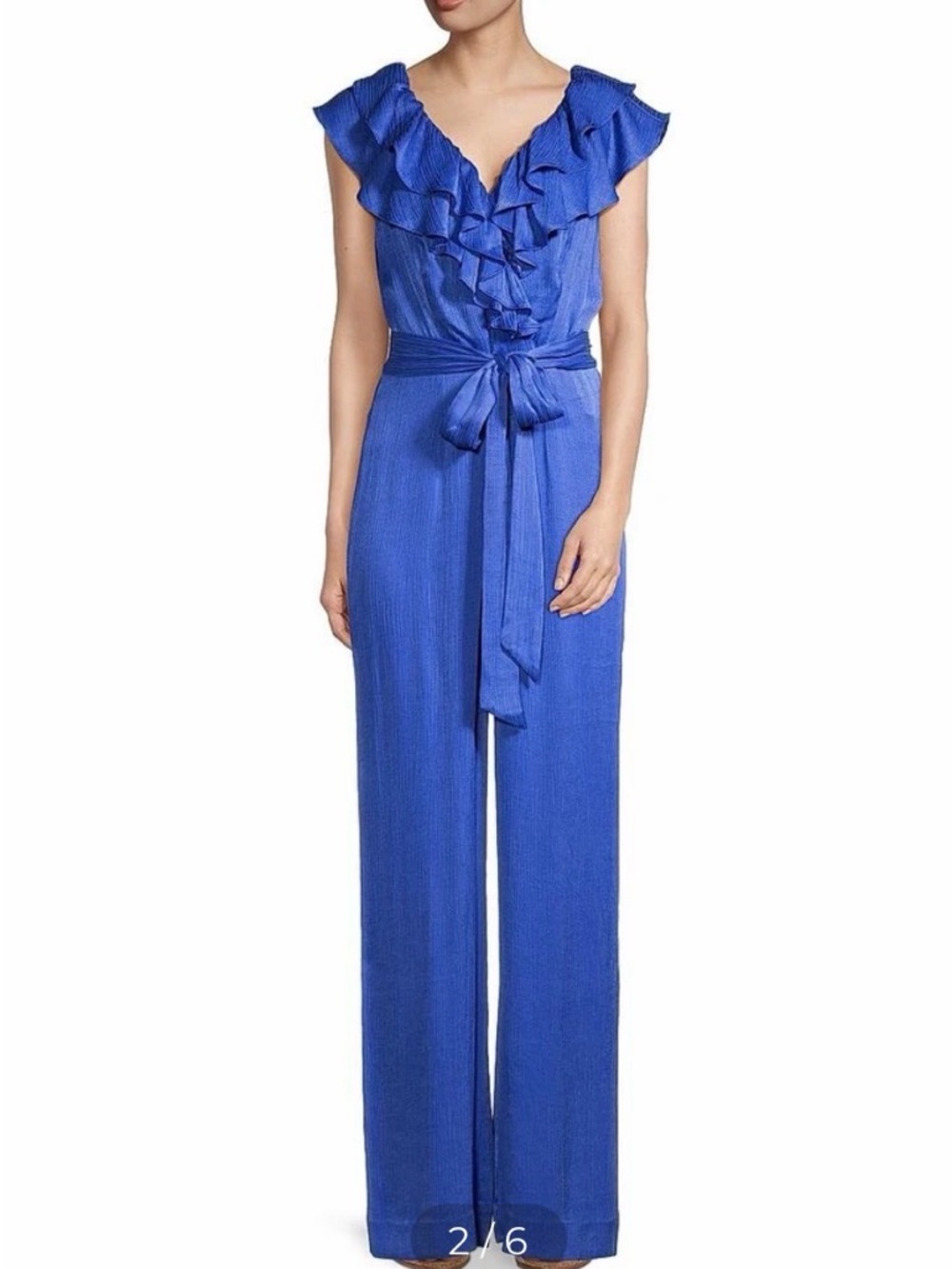 Lilly PulRuffled V-Neck Tie-Waist Jumpsuit in Royal Blue